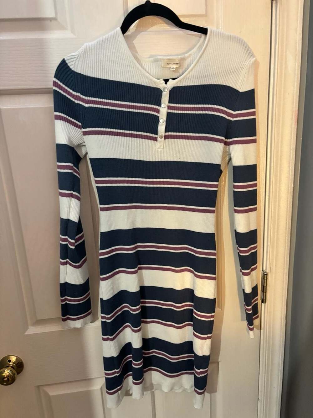 No Comment Striped Rib Knit Long Sleeve Henley Dress
